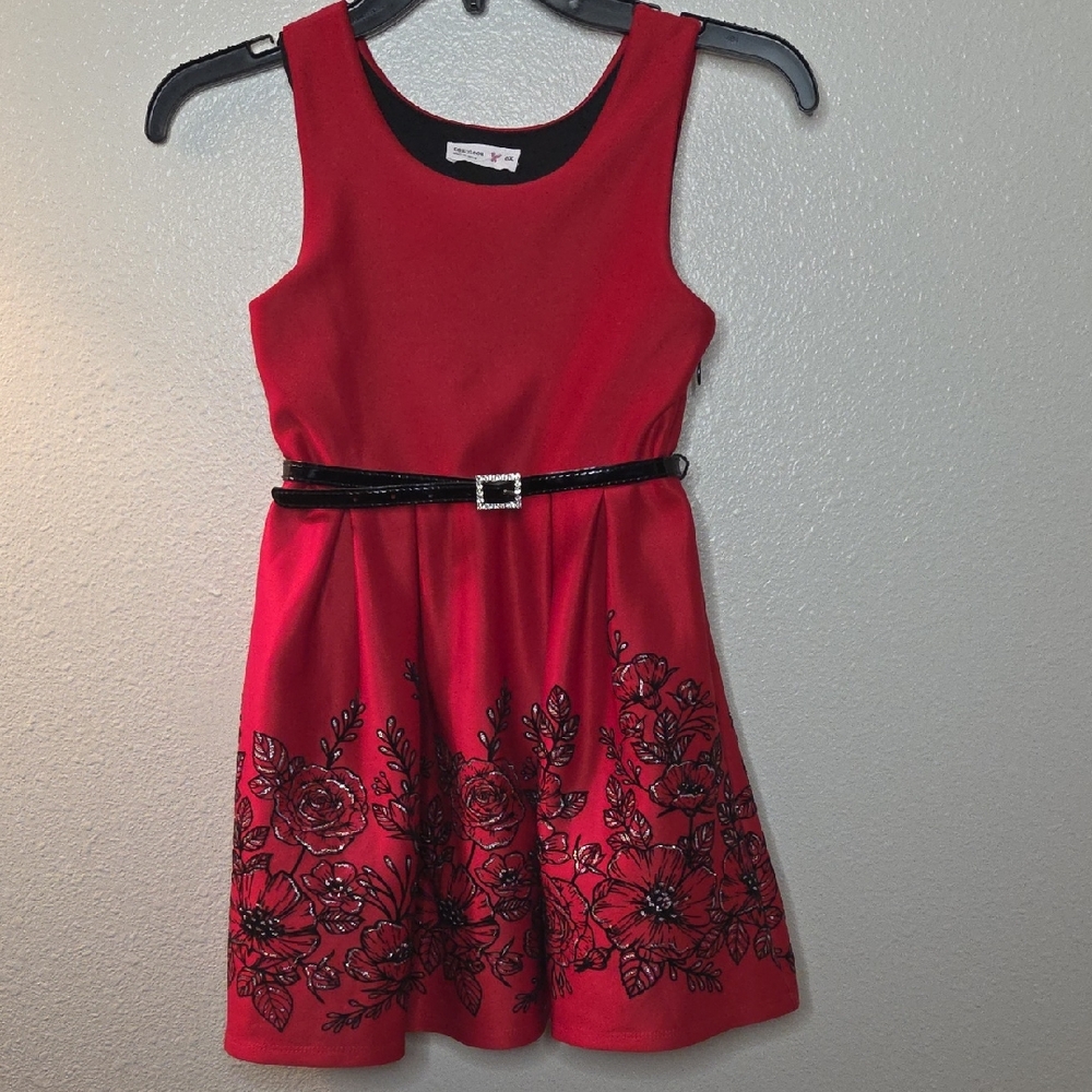 Beautees Red Floral Kids Dress with Black Belt